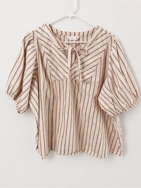 LC Lauren Conrad Cream and Brown Striped Tie-Neck Blouse